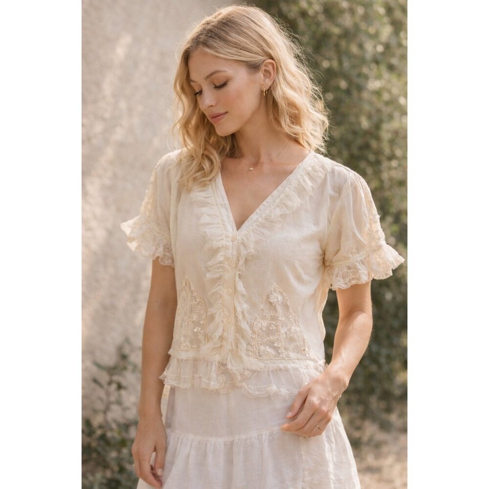 Vandana Cream Ruffle Blouse Lace Sheer Cotton Cottagecore Coquette Top L